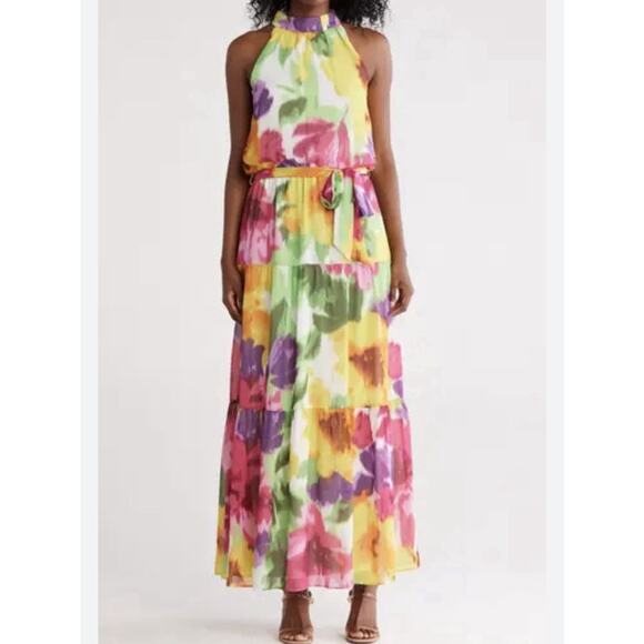 Donna Ricco Mock Neck Belted Sleeveless Floral Chiffon Maxi Dress Size Large - Picture 6 of 11